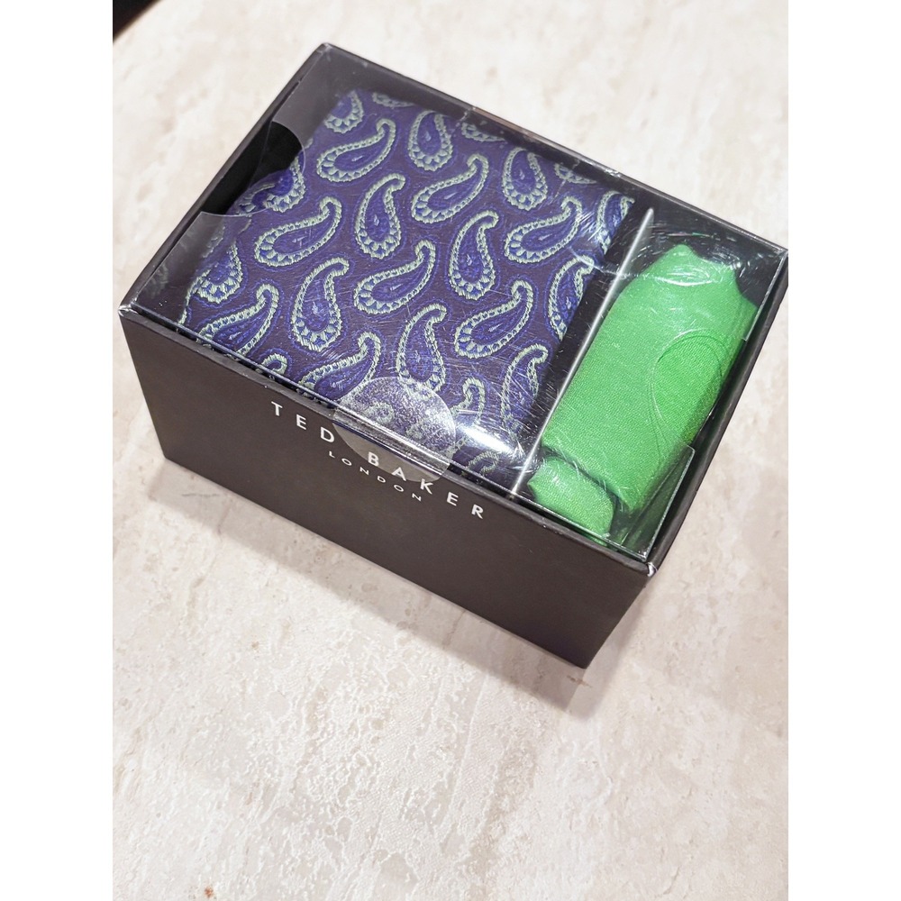 Ted Baker NEW Tie and Pocket Square Set Navy Blue Paisley and Green